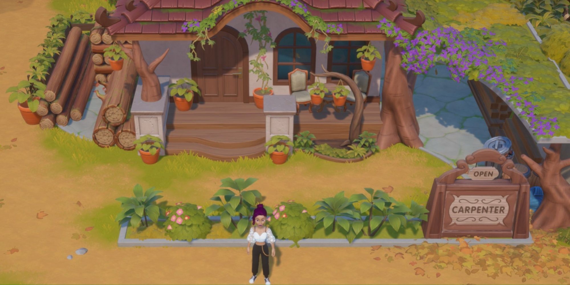 Coral Island: An image of the player character standing in front of the carpentry shop