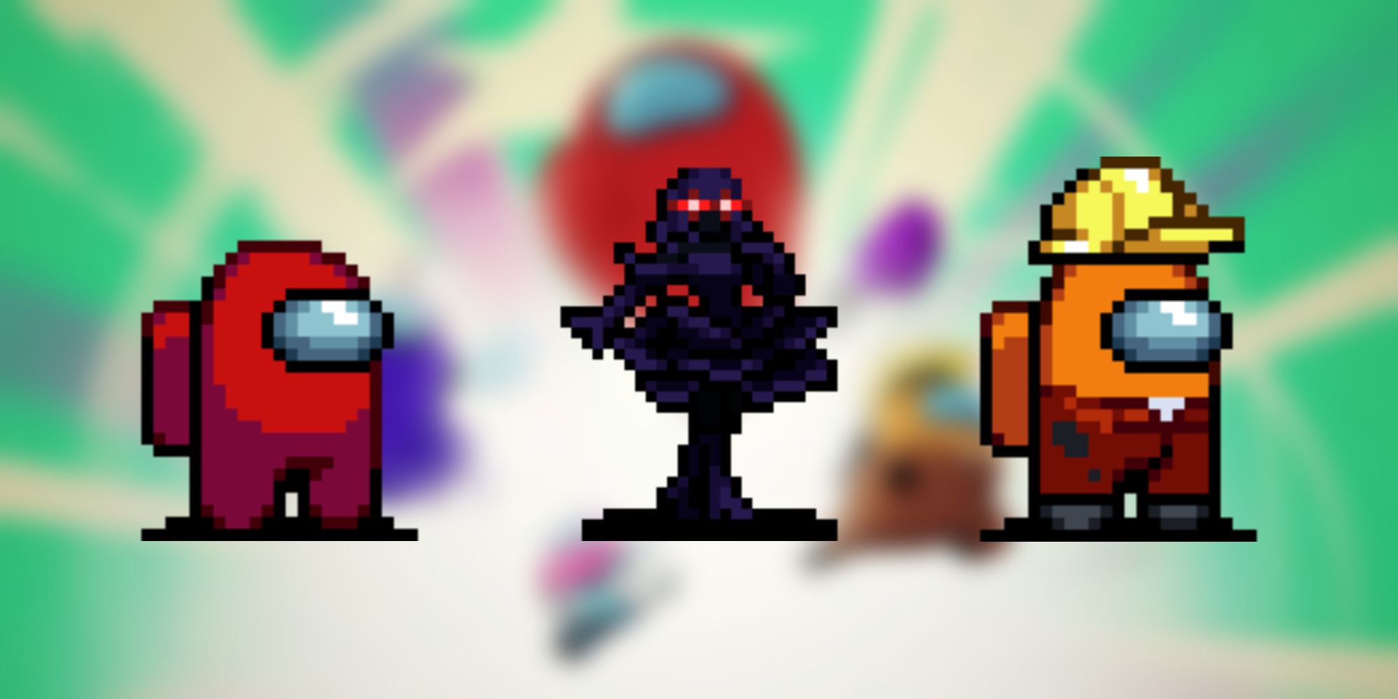 Sprites of three different Vampire Survivors characters on a blurred background.