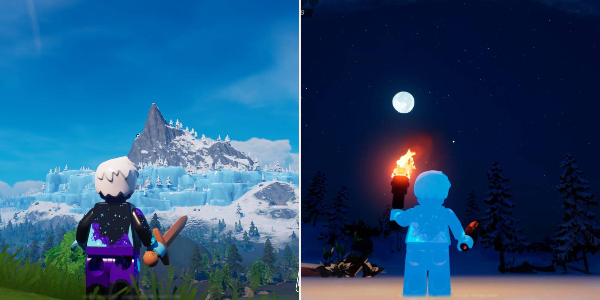 Links blickt ein Lego-Spieler auf einen schneebedeckten Berg.  Rechts ist ein Lego-Spieler blau hervorgehoben, um anzuzeigen, dass ihm kalt ist.
