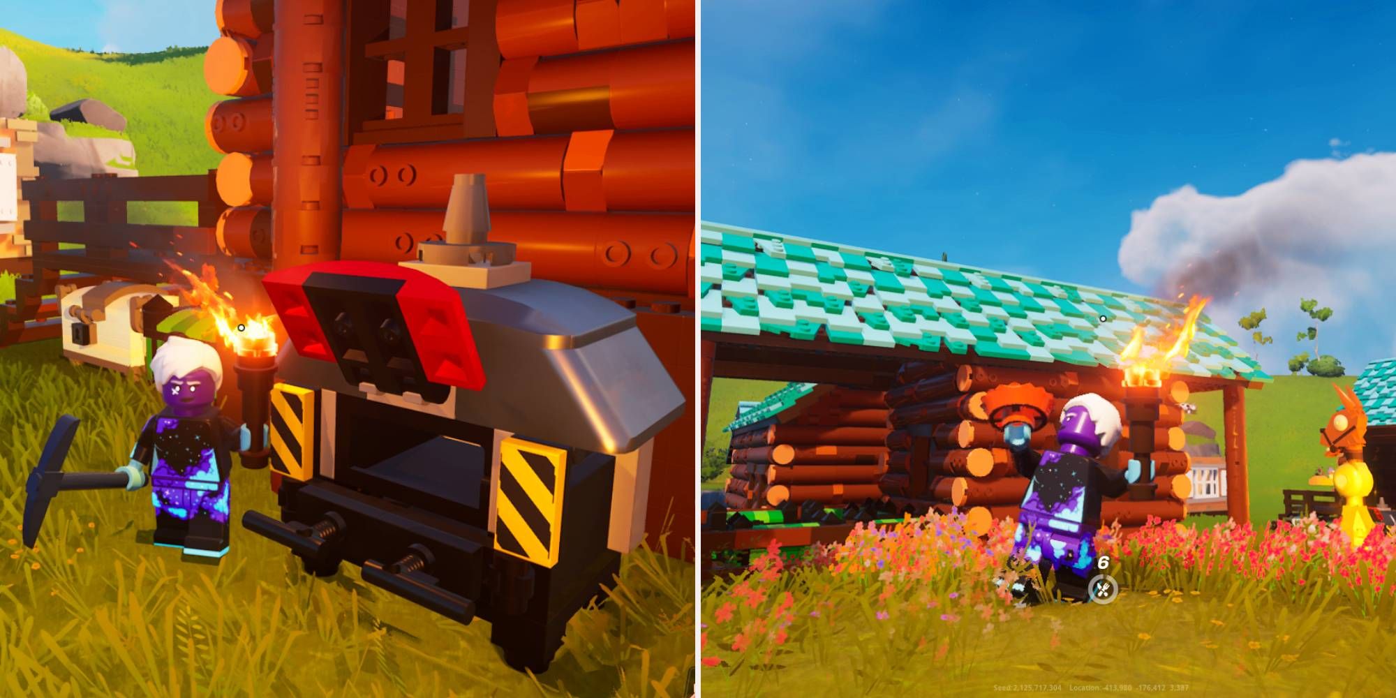 Left, the Oven utility station in Lefo Fortnite. Right, a Lego player eats a Pumpkin Pie.