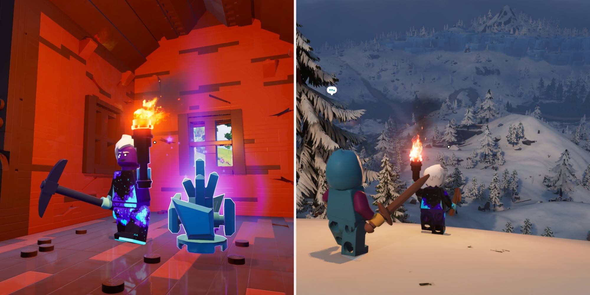 Left, Lego player stands next to a piece of Rough Sapphire. Right, Lego players look out over the snowy Frostlands.