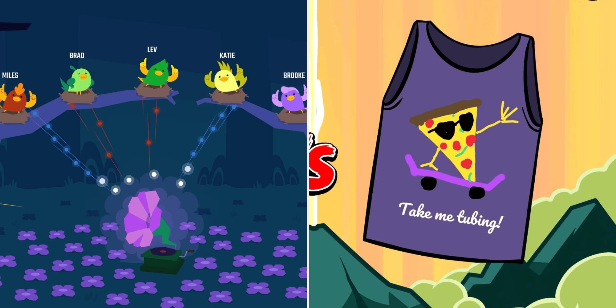 Left, birds singing in a rhythm minigame. Right, a t-shirt design of a pizza skateboarding.