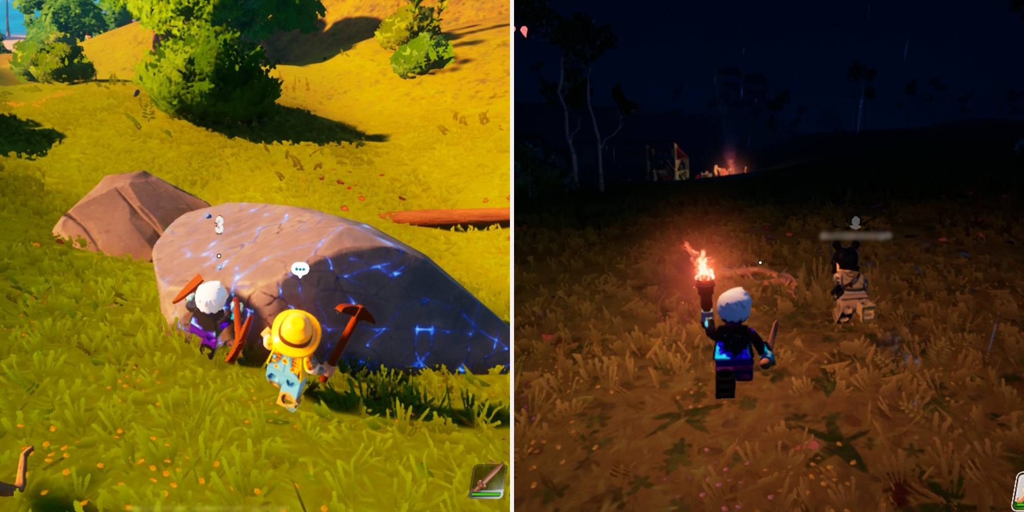 Left, two Lego characters mining a rock together. Right, two Lego players running side by side.