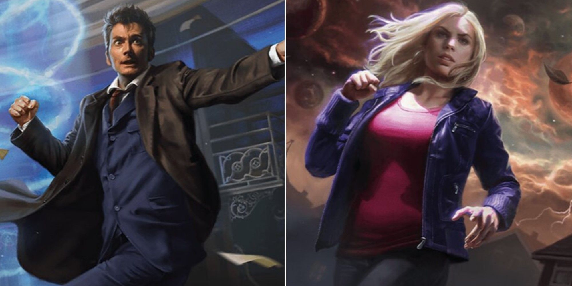 Artwork from two different cards from Magic: The Gathering's Universes Beyond: Doctor Who series