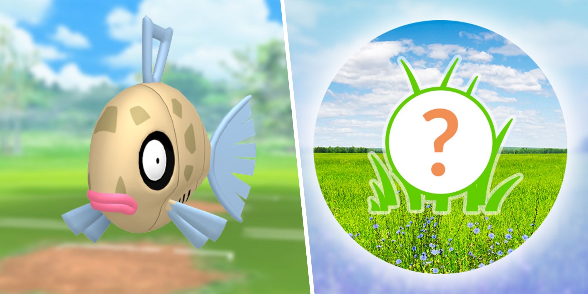 Image of Feebas split with an image of the Pokemon Go wild encounter symbol