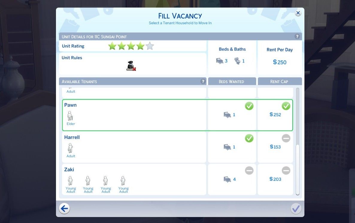 fill vacancy menu for the sims 4 for rent ts4 landlord-1