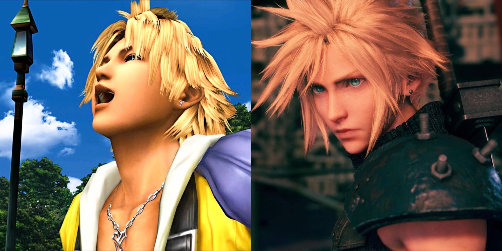 Final Fantasy 10 Tidus laughing and Final Fantasy 7 Remake Cloud looking forward