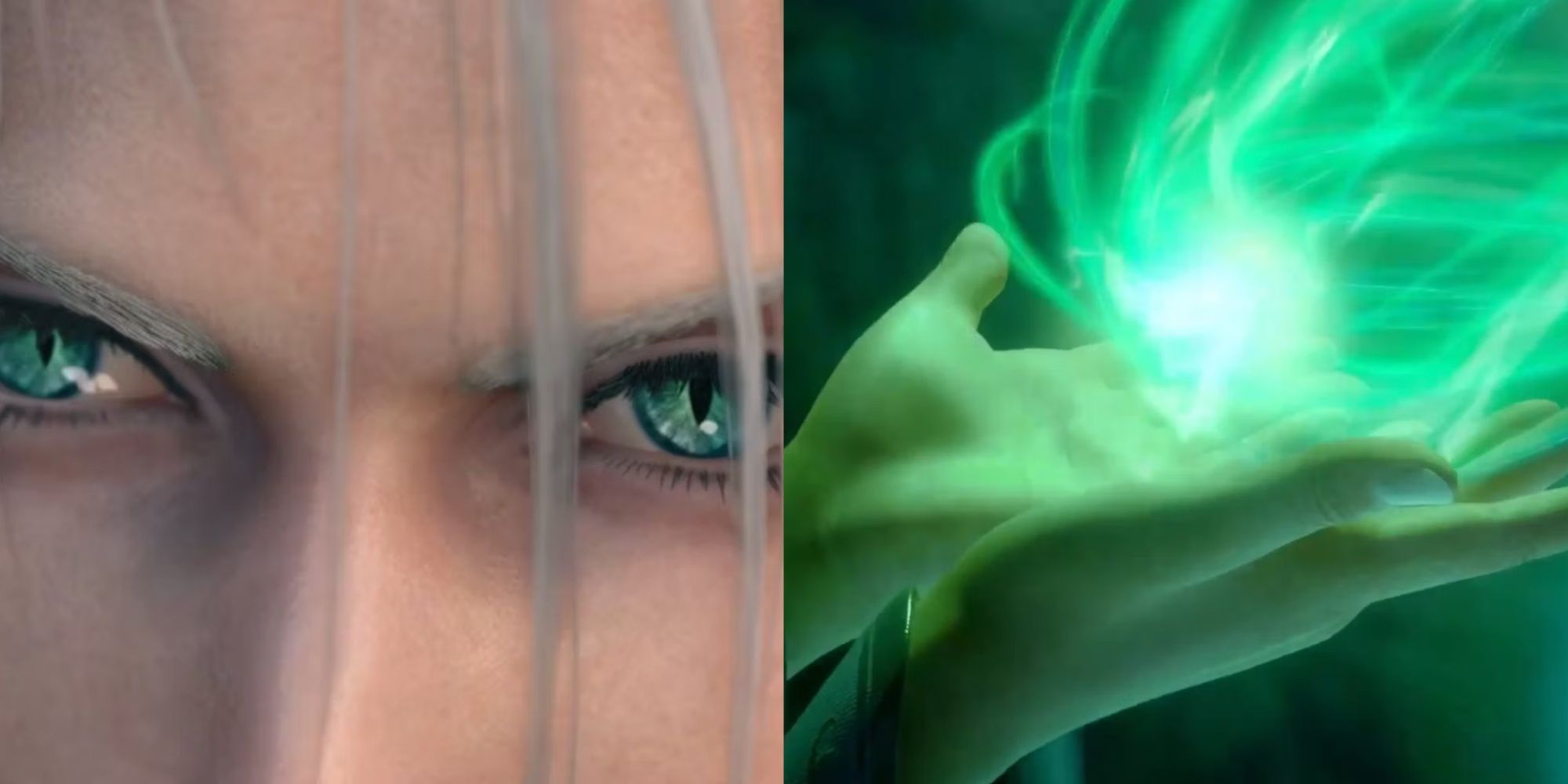 Final Fantasy 7 Sephiroth mako eyes and Cetra holding the Lifestream
