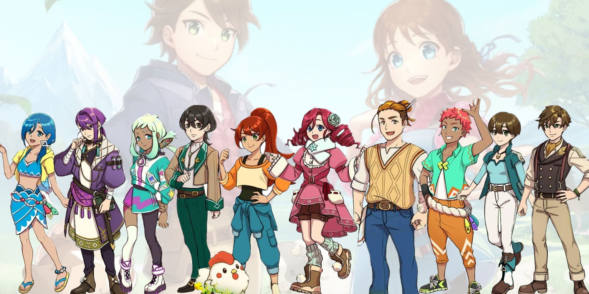 The ten candidates available for marriage from Harvest Moon: The Winds of Anthos, all lined up.