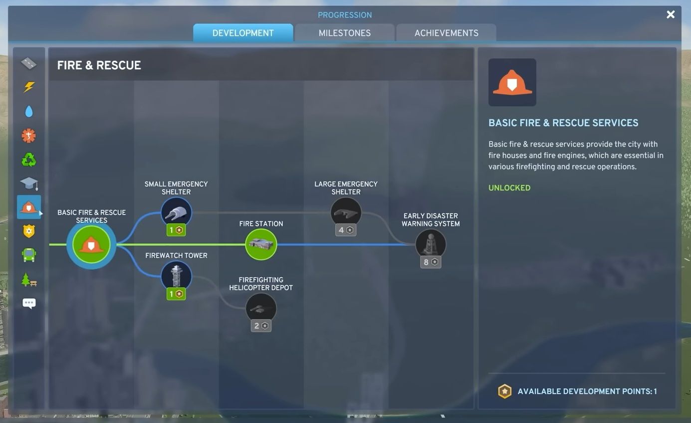 Fire and Rescue development tree in Cities: Skylines 2.