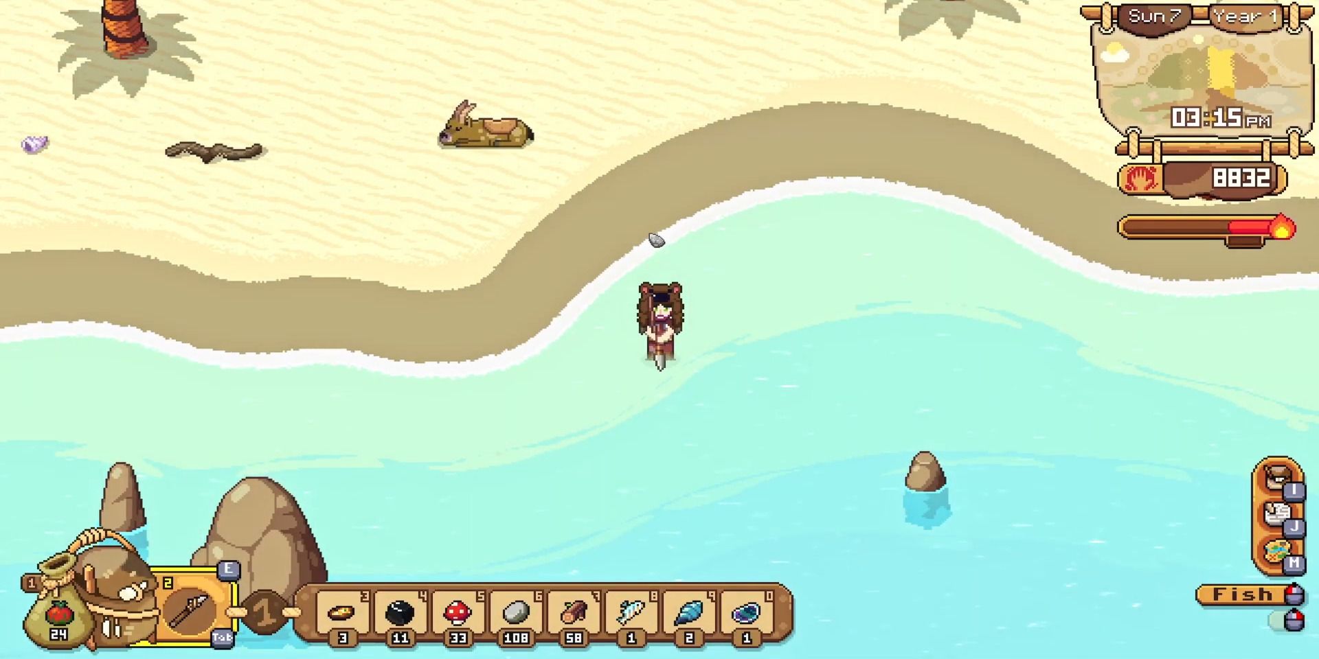 Fishing in the Beach in Roots of Pacha using a Harpoon