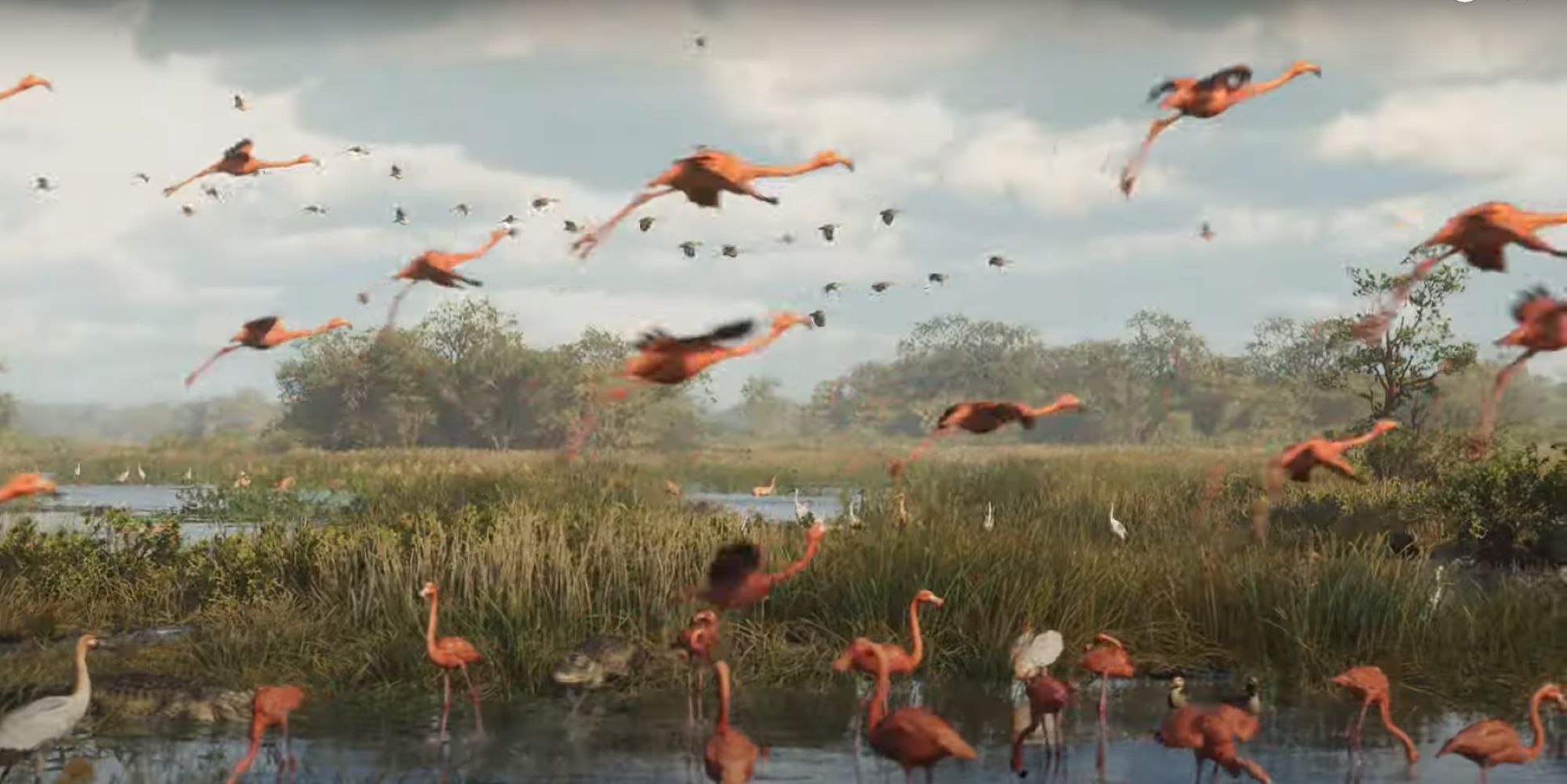 Flamingos flying over the swamp in GTA 6