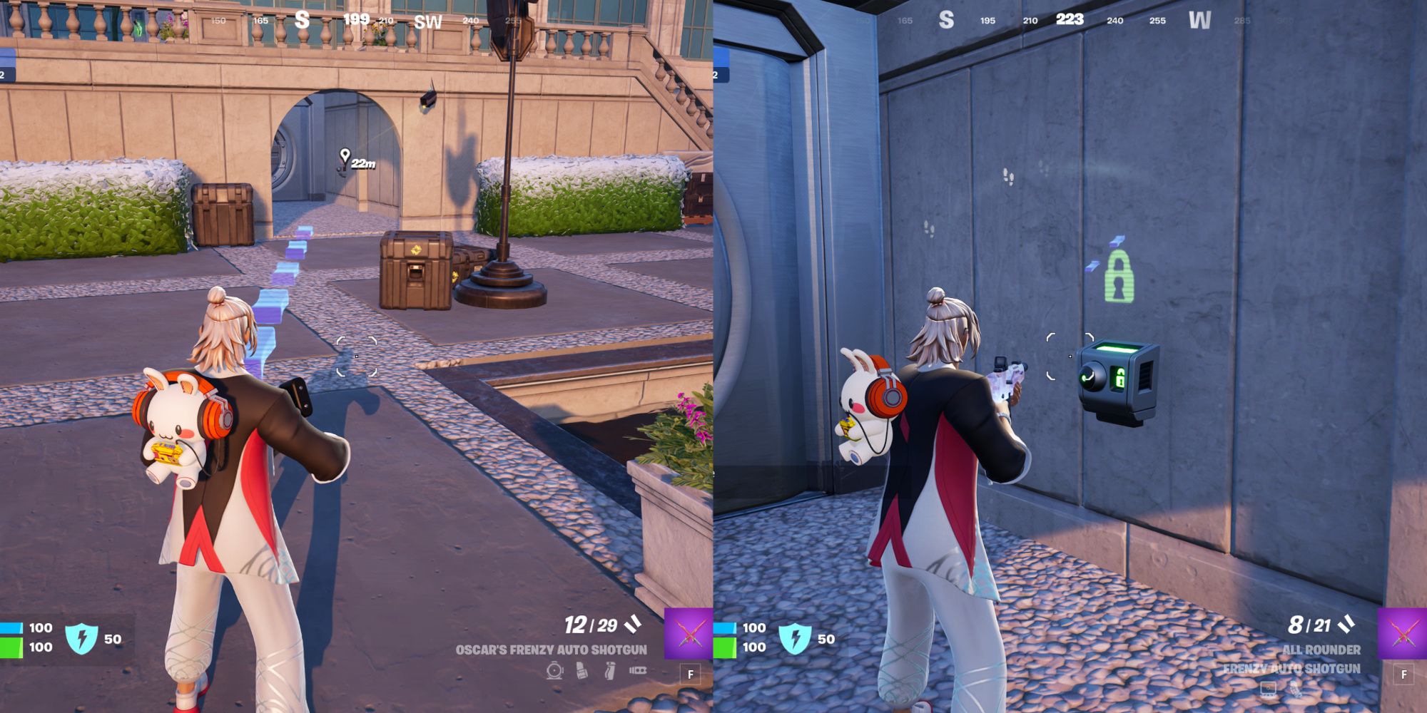 An image from Fortnite Chapter 5 of how to open the vault door. Once you collect a Medallion, a line forms to the vault and the scanner will unlock the door for you. 