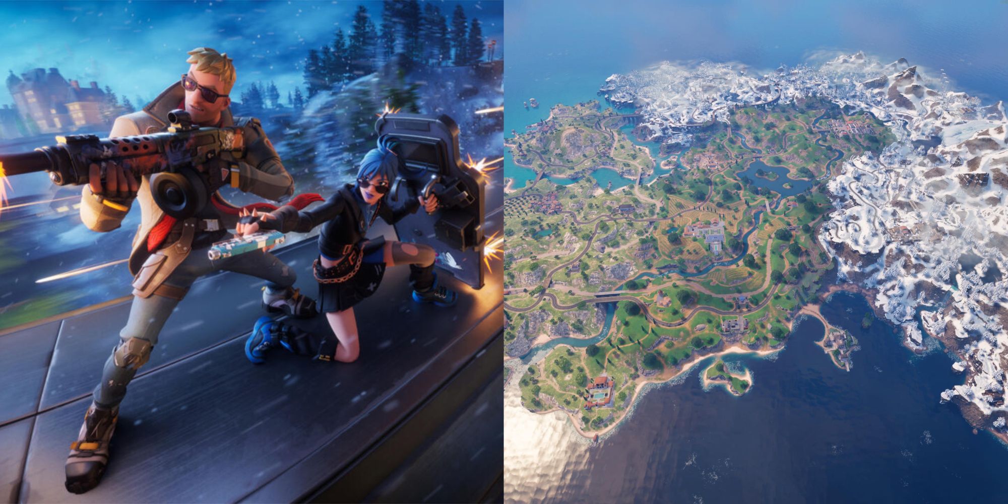 This split image features two characters from Fortnite Chapter 5 Season 1 fighting on top of a train that travels around the island, and another image of the entire island from this season.