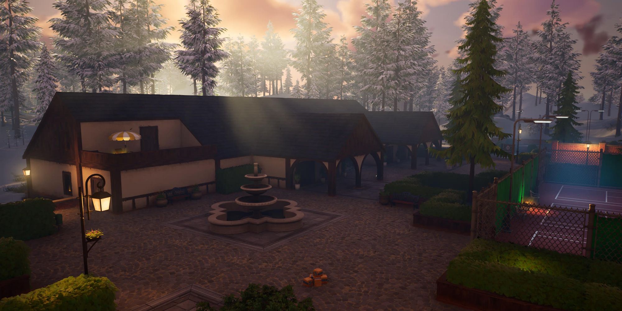 An image from Fortnite of the Classy Courts POI, which contains a medieval building and several tenis courts. 