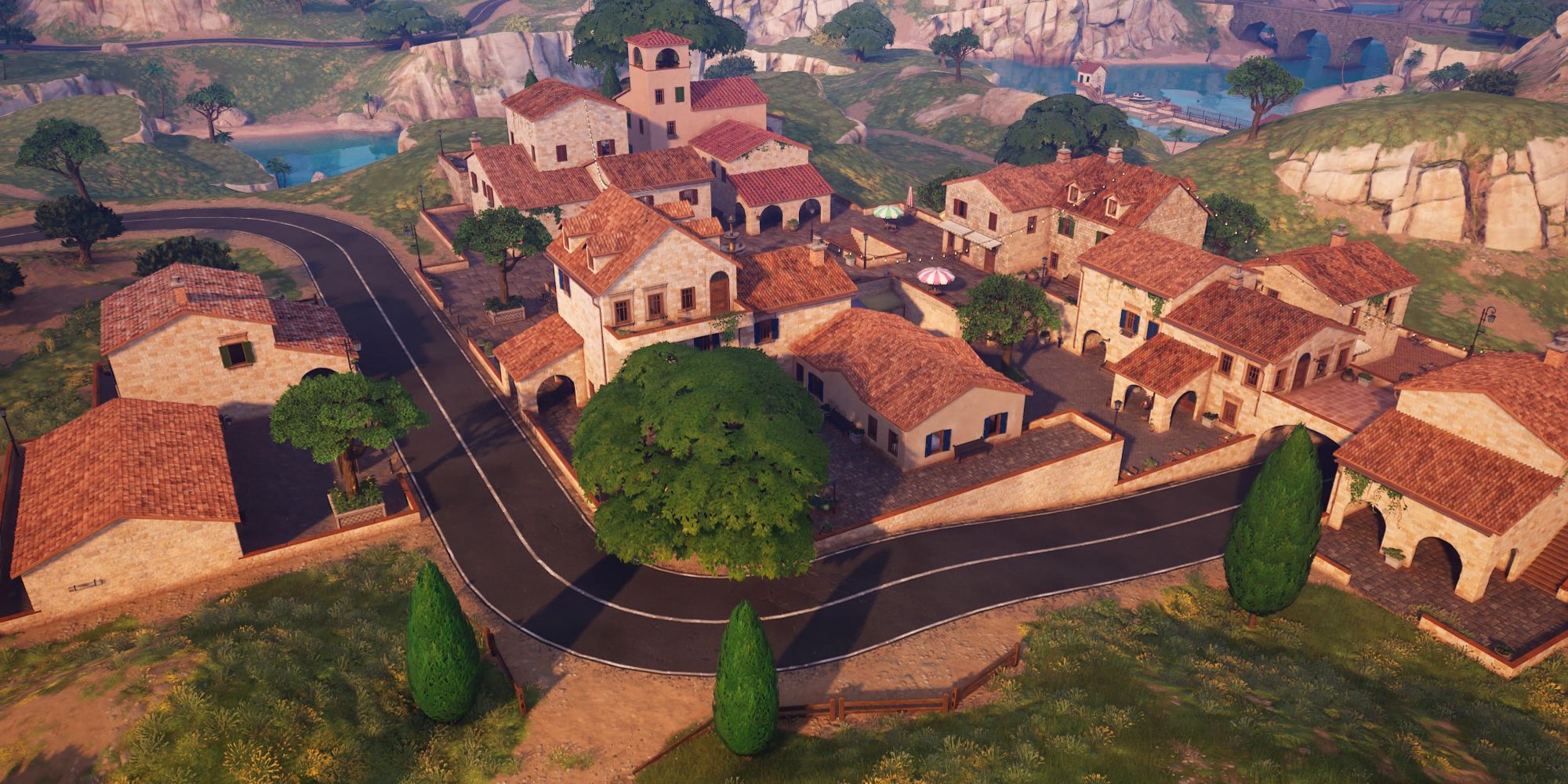 An image from Fortnite Pleasant Piazza POI, which is located in the center of the map. This POI is a small italian village with grind rails and multiple houses.