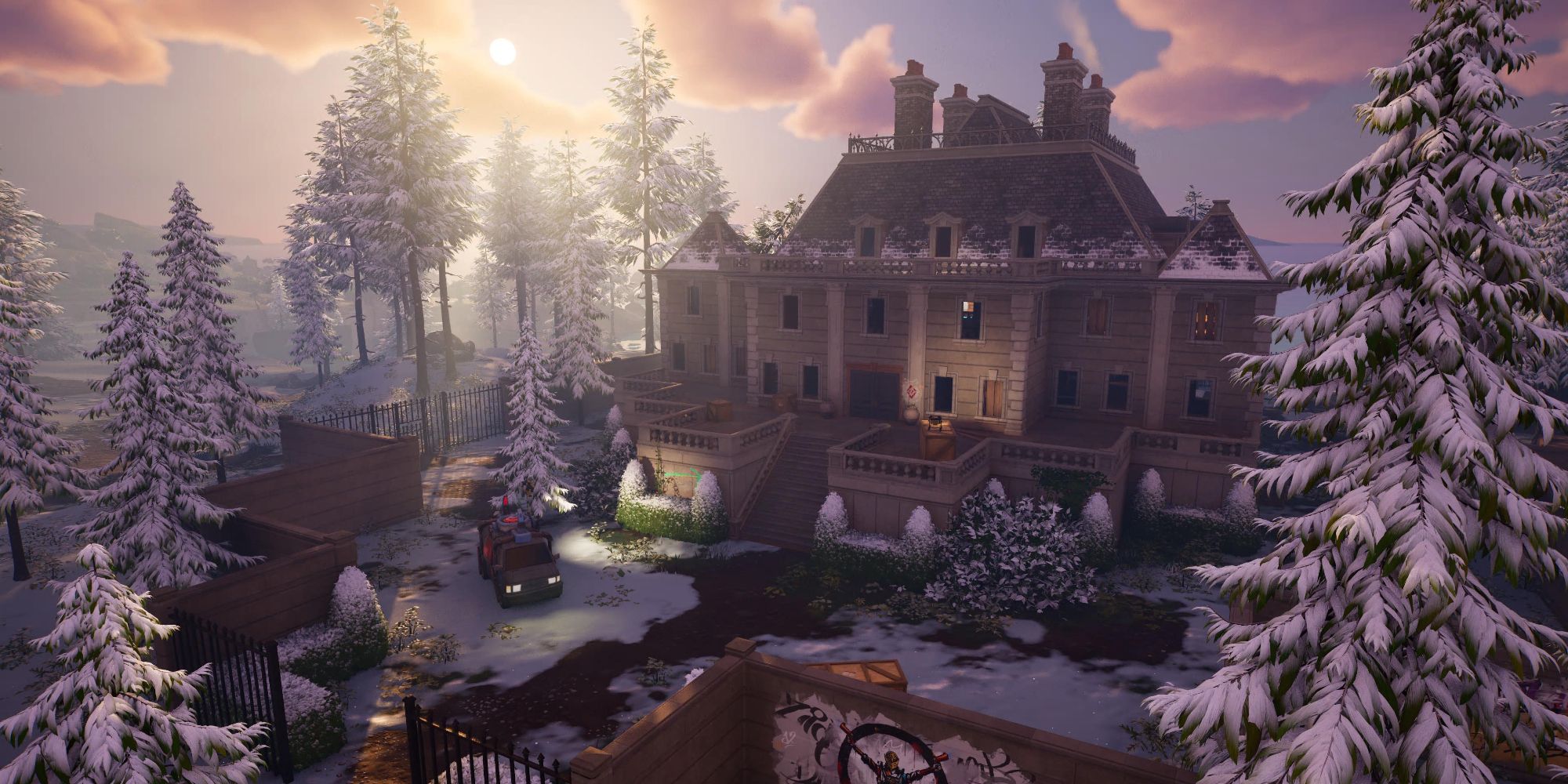 An image from Fortnite of the Rebel's Roost POI, which is an abandoned mansion in the snow. 