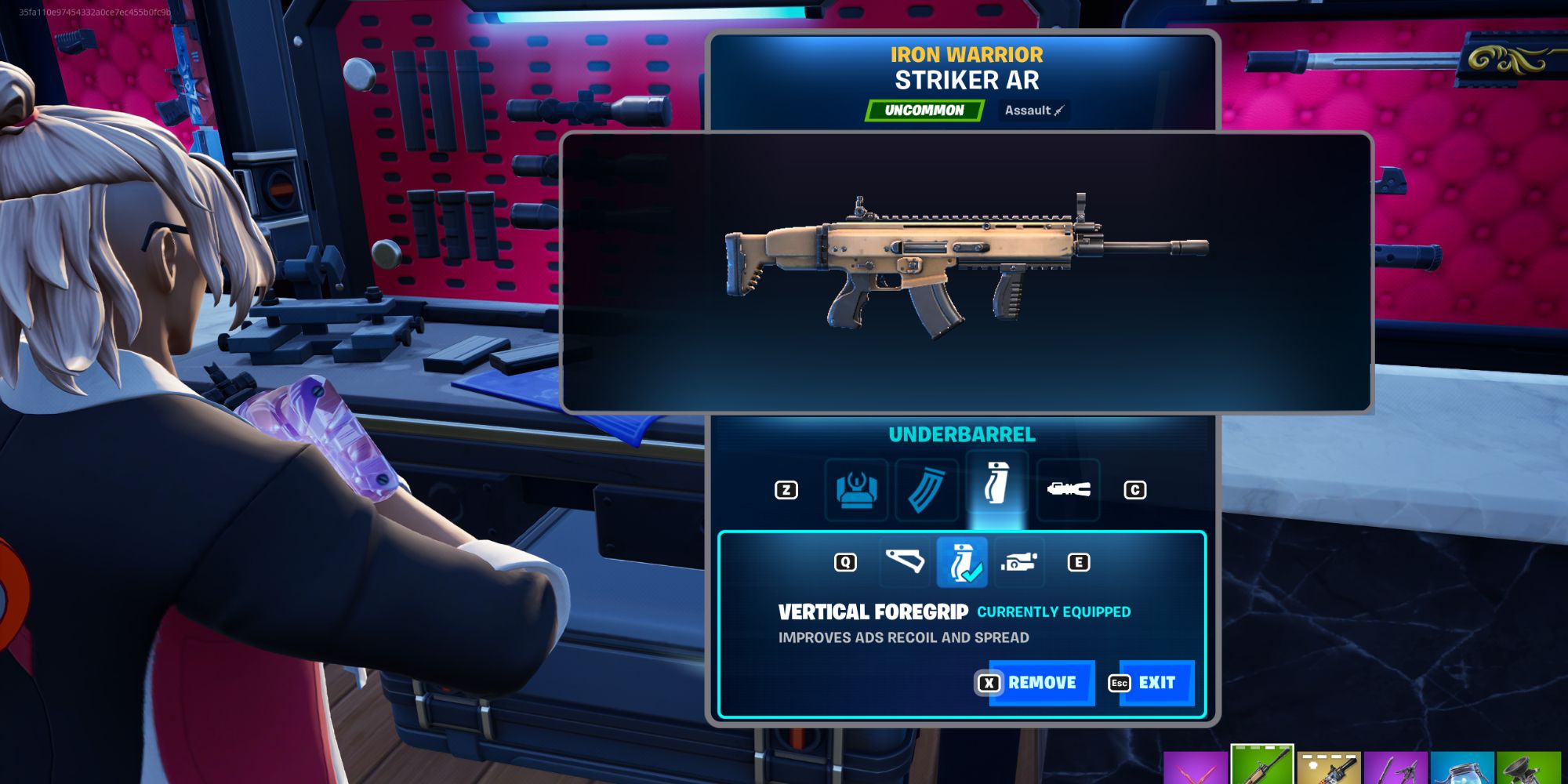 An image from Fortnite of the Vertical Foregrip Attachment, which reduces the aim down sights recoil and spread.