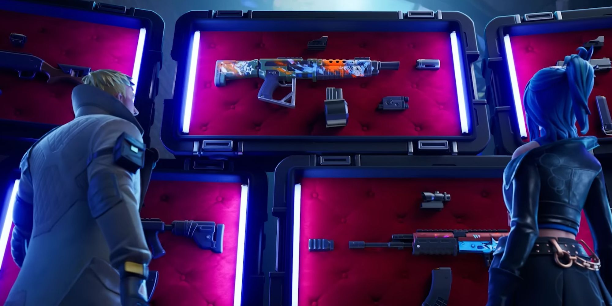 Jonesy looking at a wall of weapons in Fortnite's Chapter 5 trailer.