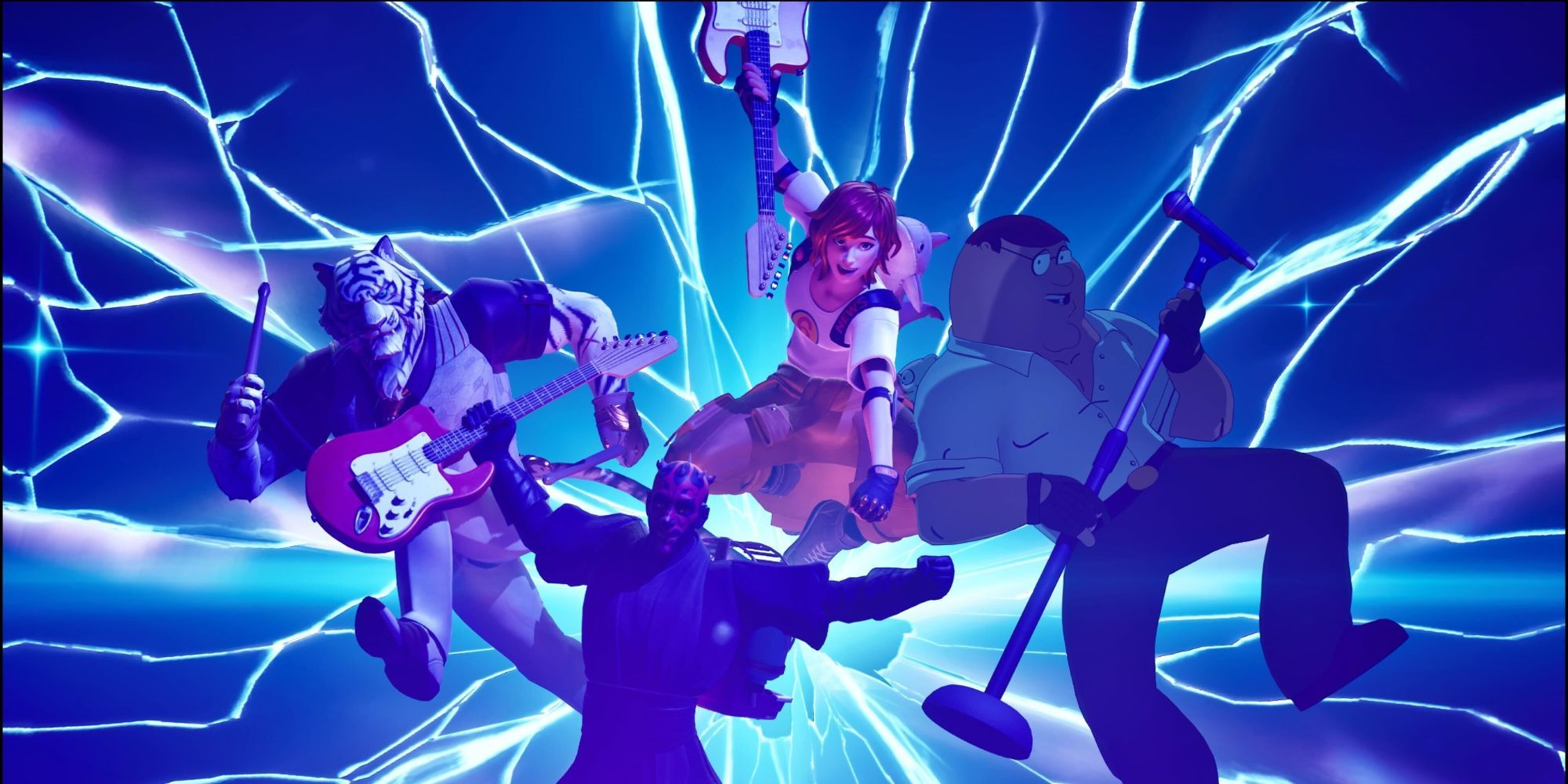 Peter Griffin, April O'Neil, Darth Maul, and Oscar with instruments in Fortnite Festival.