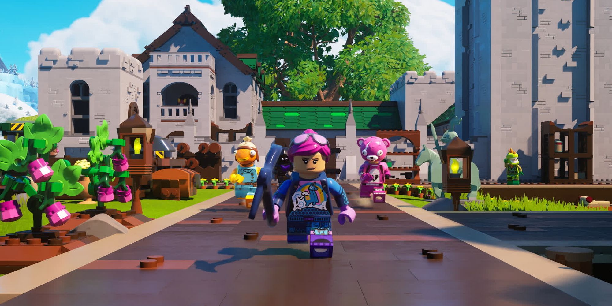 Four characters stood in a village in Lego Fortnite.