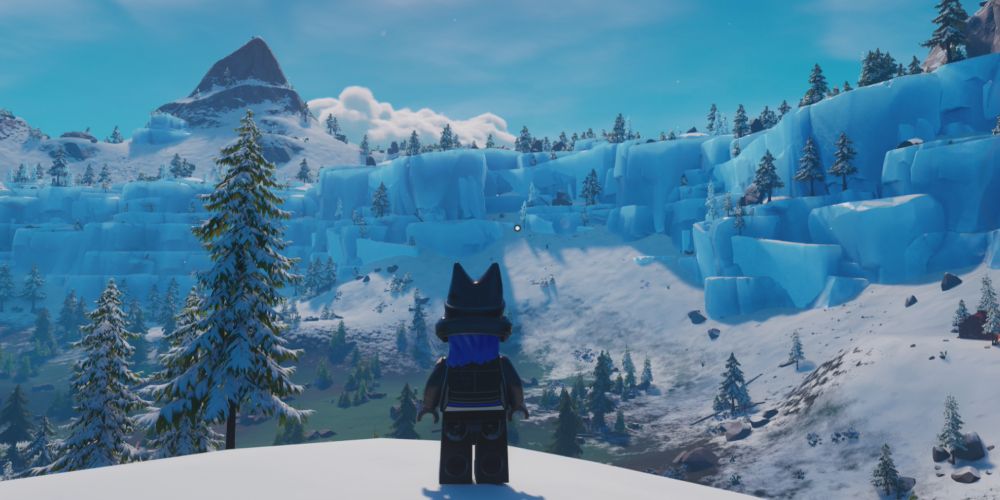 Lego Fortnite Odyssey: Looking out over the Frostlands landscape.