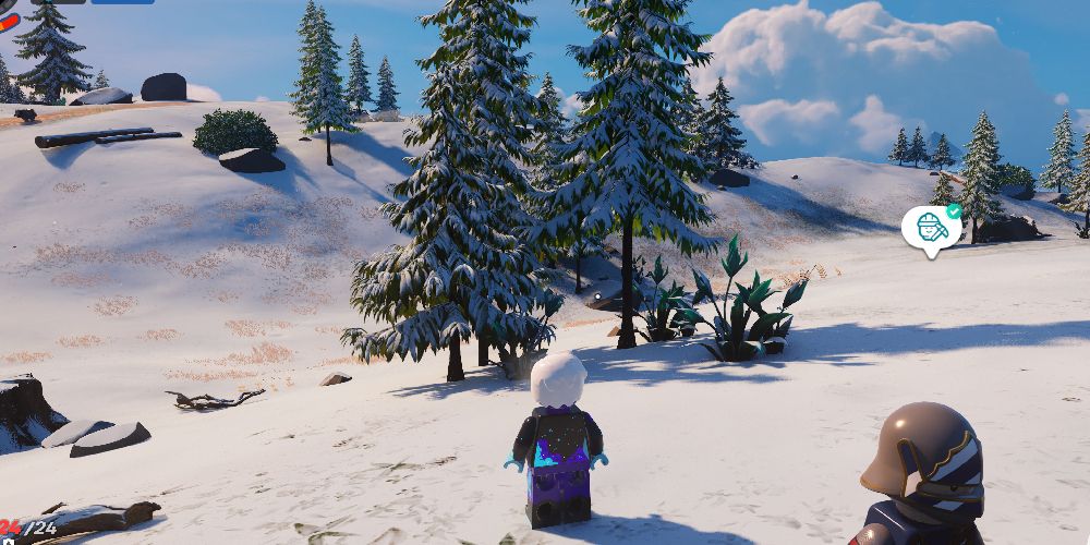 Lego Fortnite Odyssey: Standing in front of Frostpine trees.