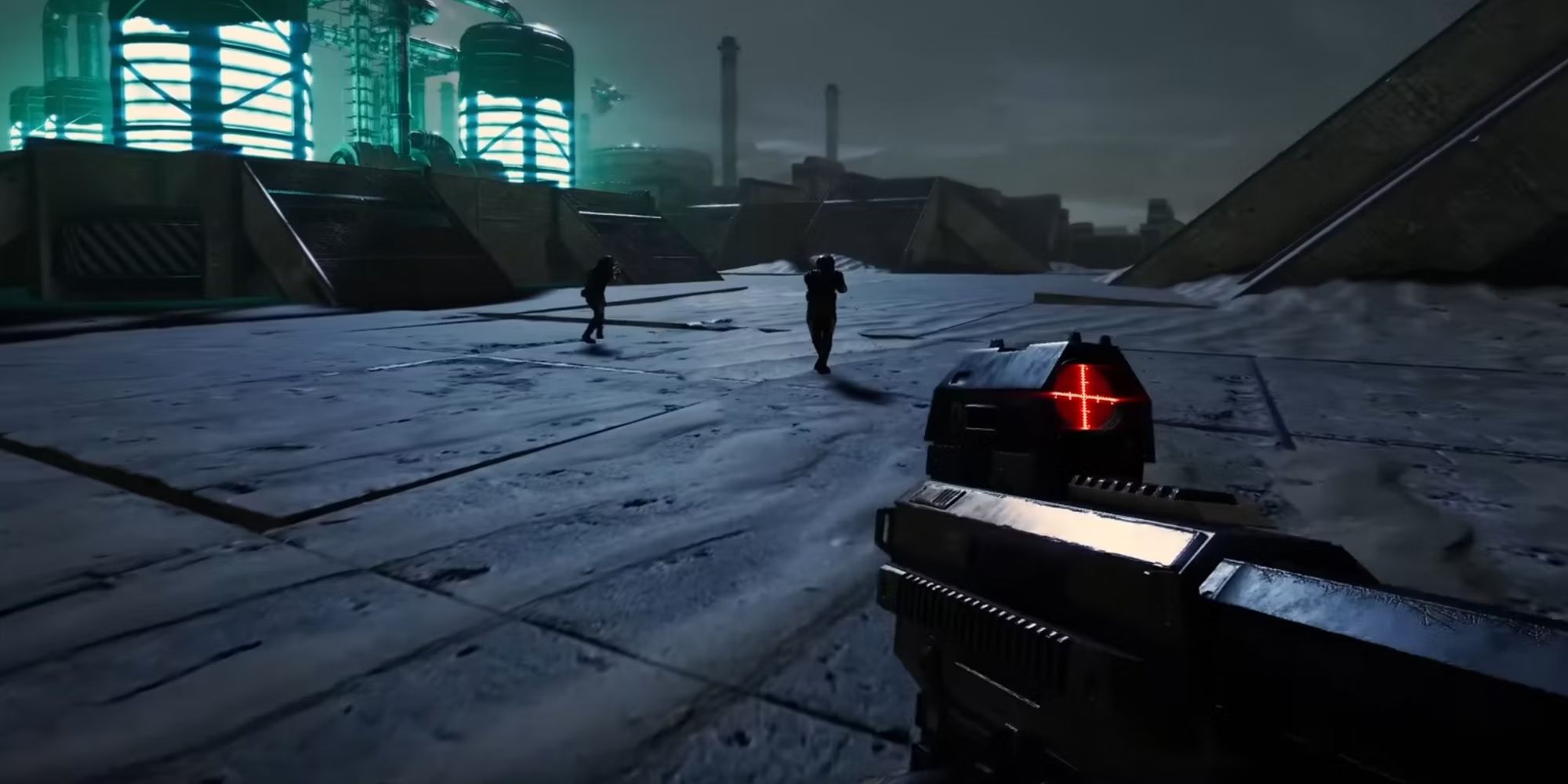 Gameplay von Silica in einem dunklen, offenen Bereich mit einem Gewehr