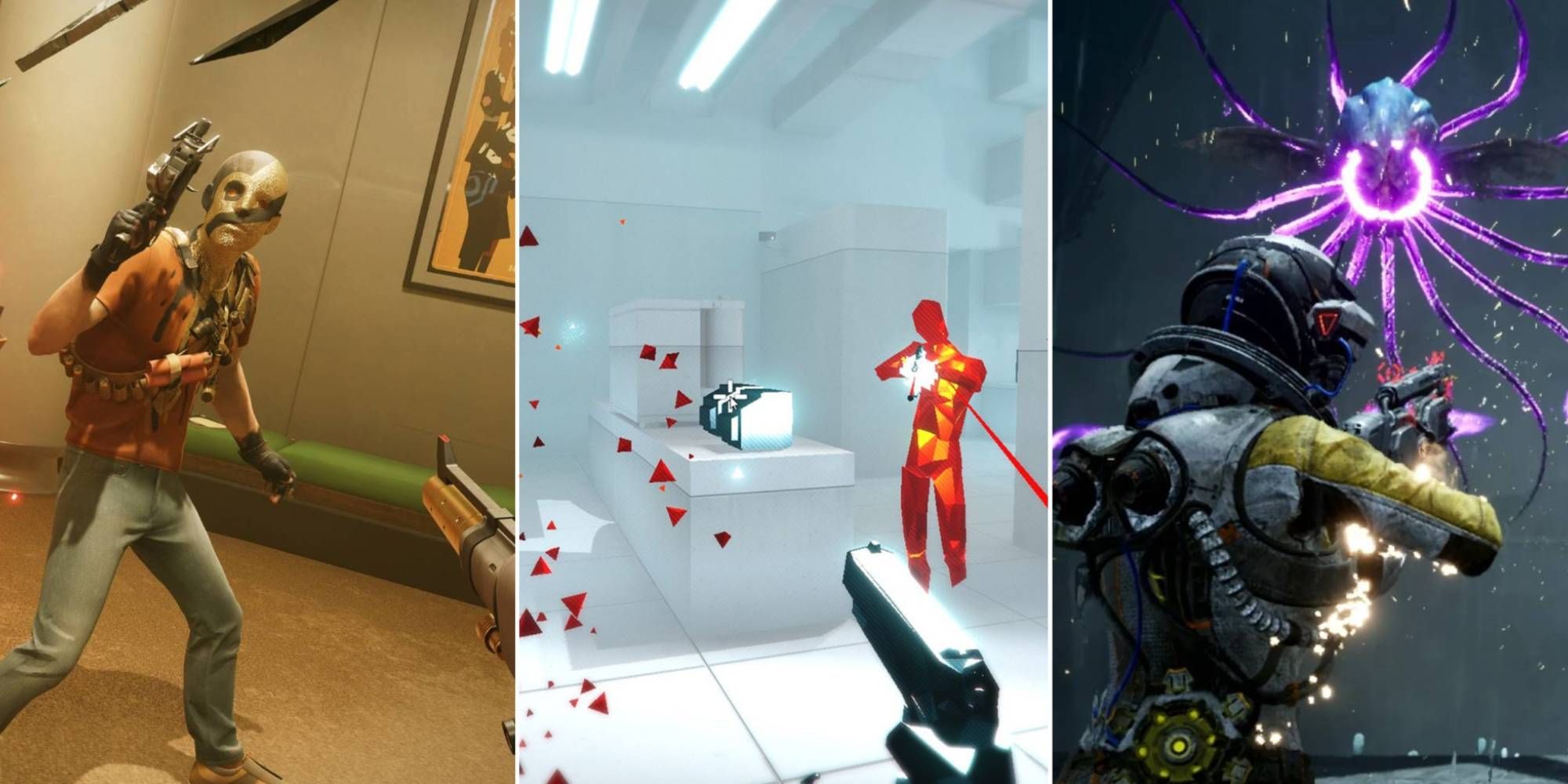 A collage of images from DEATHLOOP, Superhot and Returnal