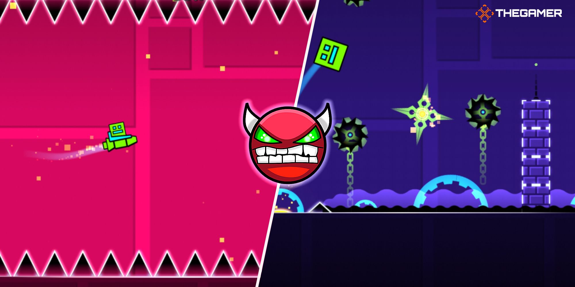 Rechts: Über den Würfel springen, Links: Schiff benutzen, Mitte: Das Dämonensymbol in Geometry Dash.