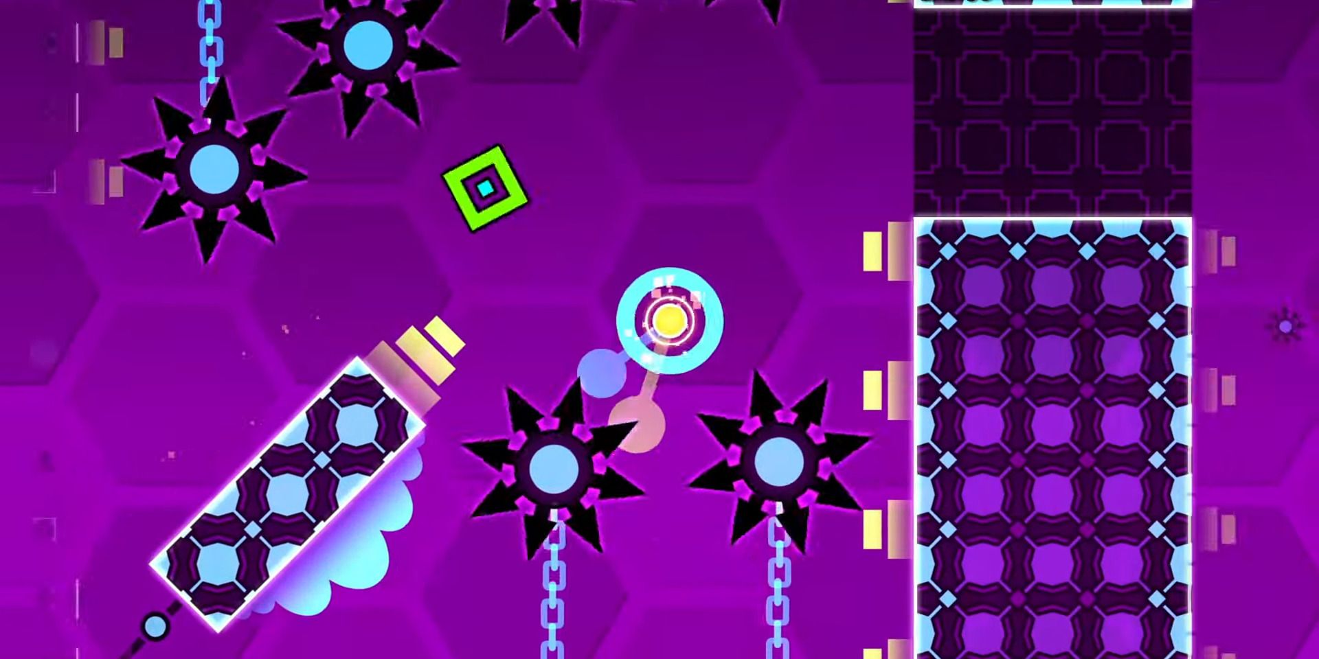 Ein Spieler in der Luft im Level „Hexagon Force“ in Geometry Dash