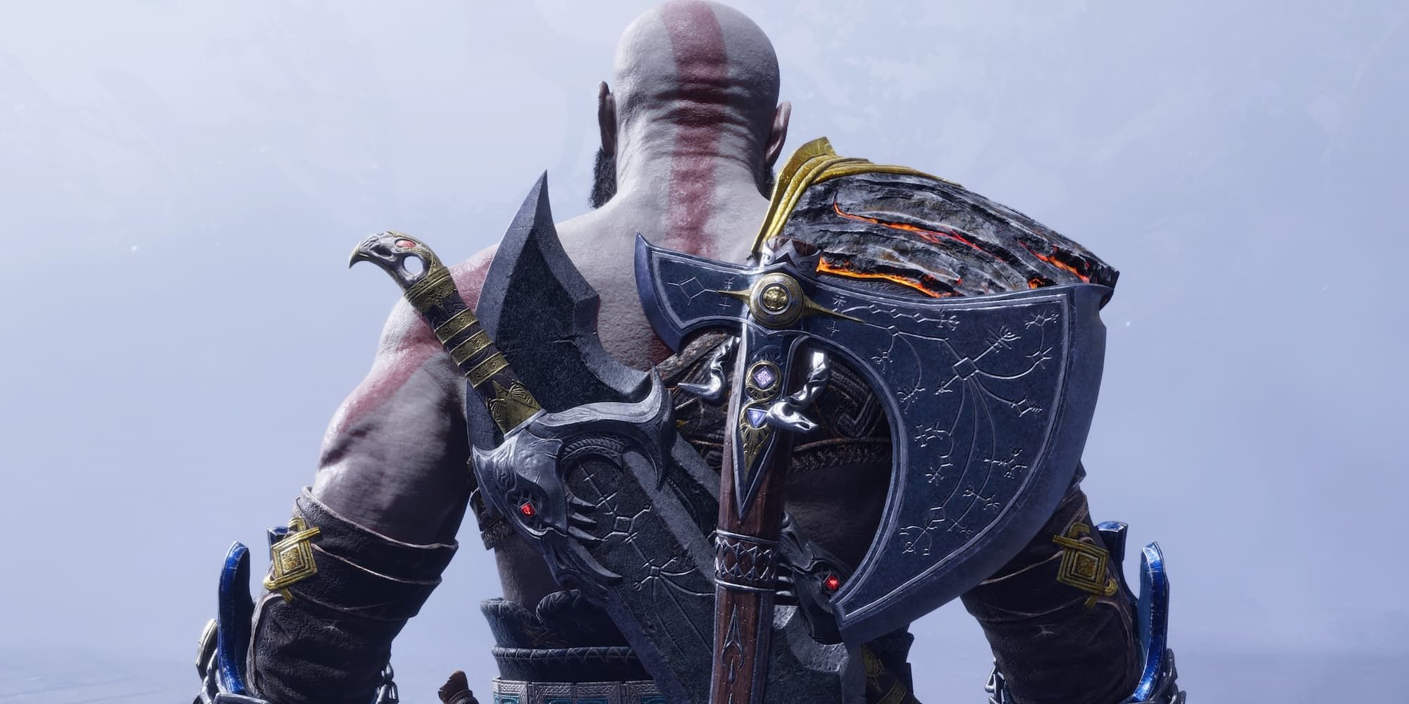 Kratos stands with his blades and his axe on his back in God Of War Ragnarok.