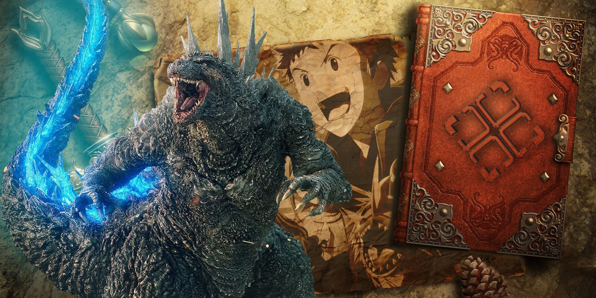 Godzilla Minus One over parchment of Digimon next to a book with a metal TheGamer logo on top-1