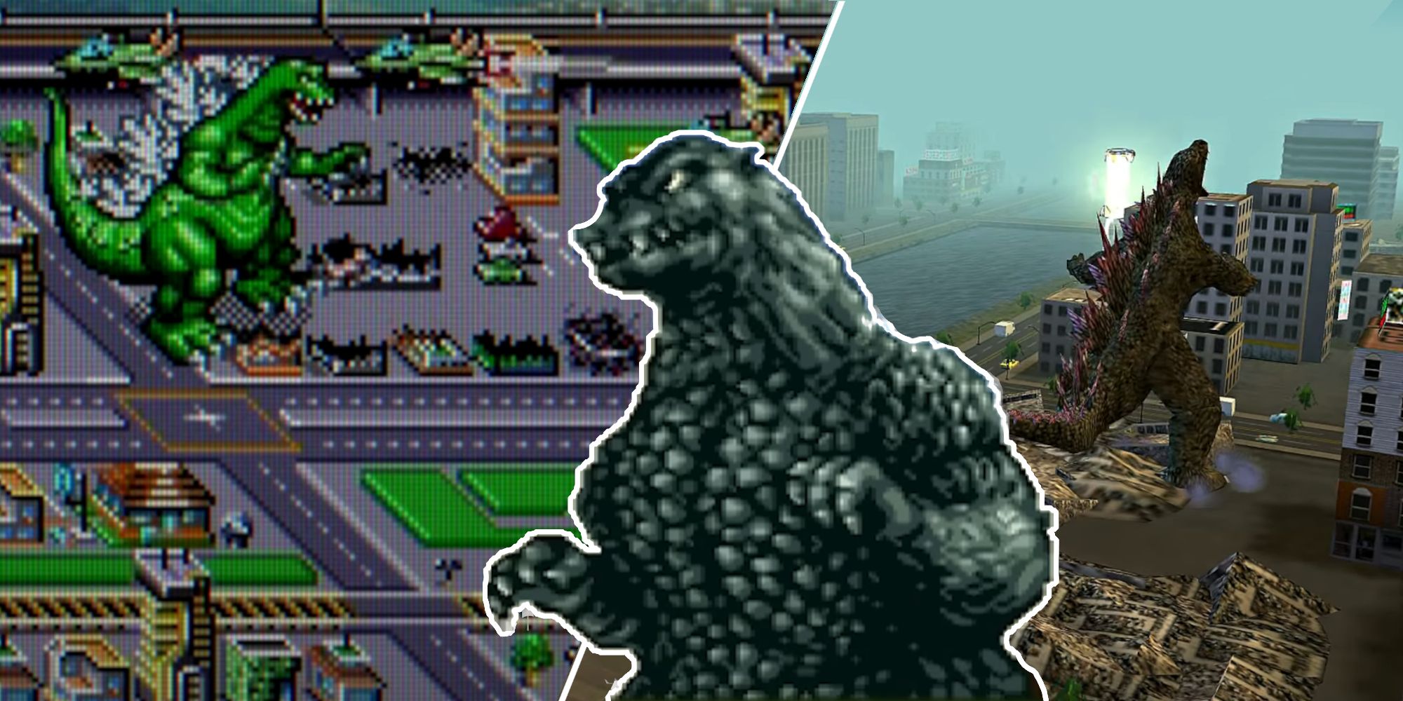 Godzilla split image with Destruction on the left and Save the Earth on the right