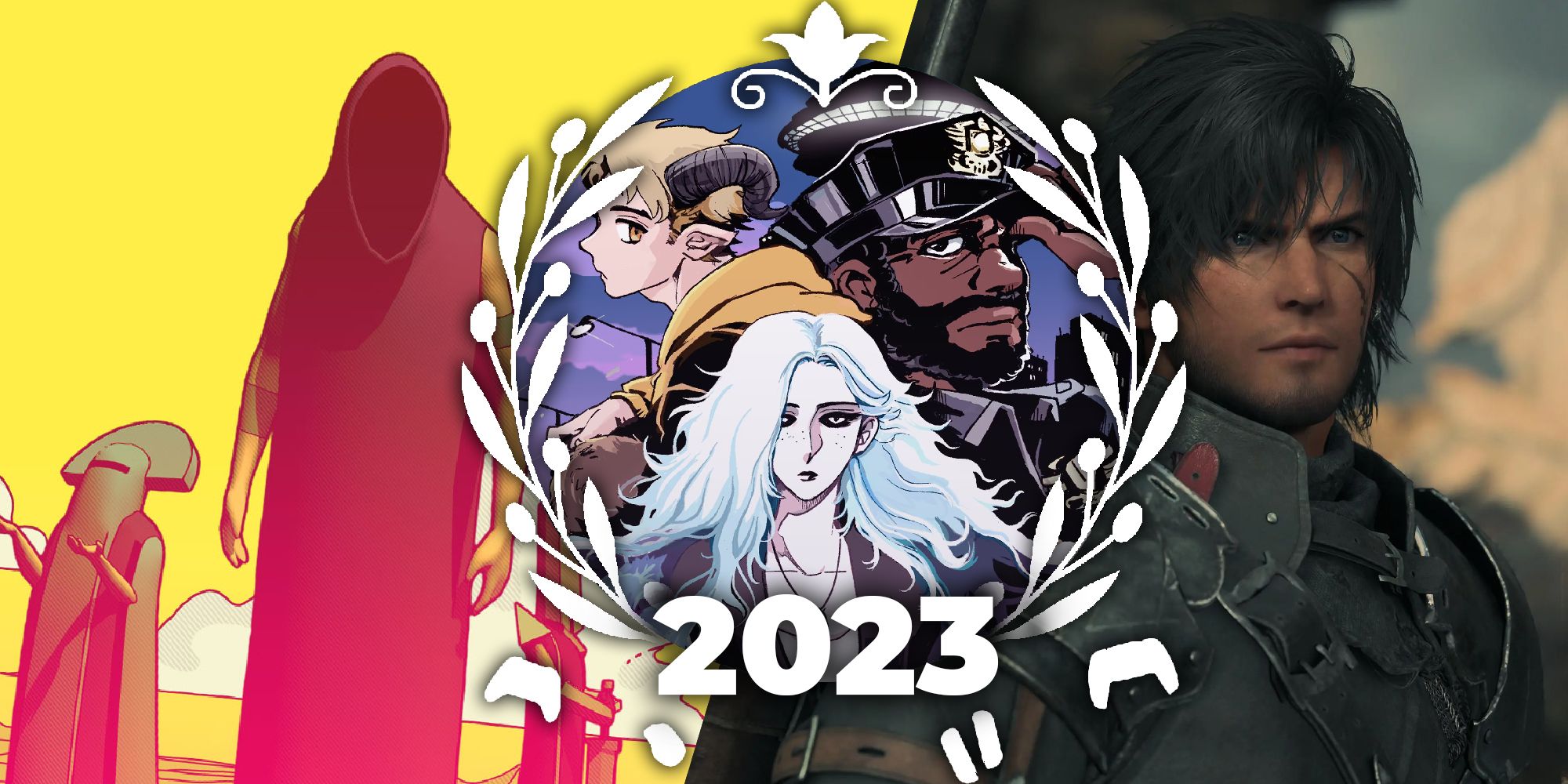 TheGamer's 2023 Editor's Pick laurels for David, featuring characters from Chants of Sennaar, Final Fantasy 16, and Coffee Talk Episode 2