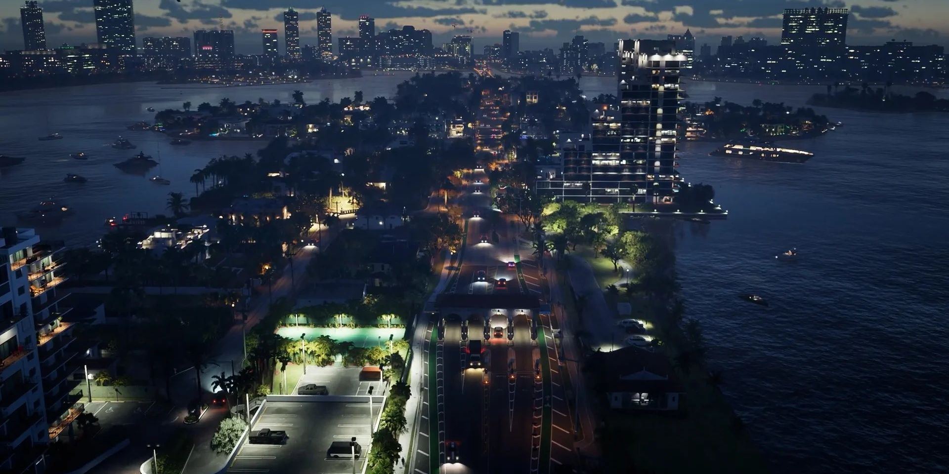 Grand Theft Auto 6 city from above at night surrounded by water