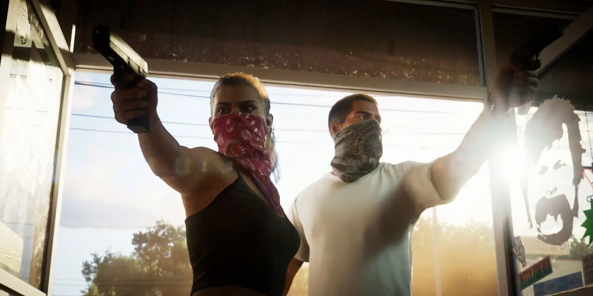 Grand Theft Auto 6 protagonists wearing bandanas with guns pointed while entering a shop