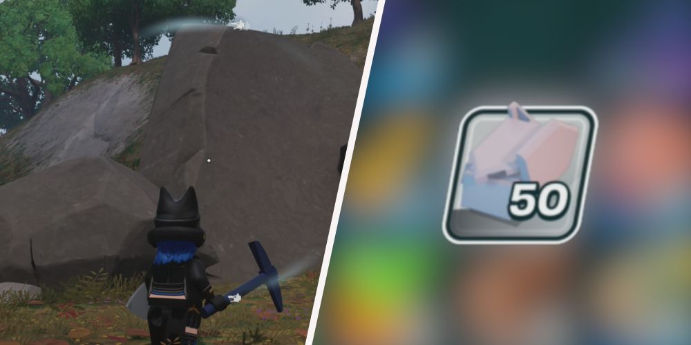 Lego Fortnite: Left: standing in front of a rock, right: showing granite in inventory