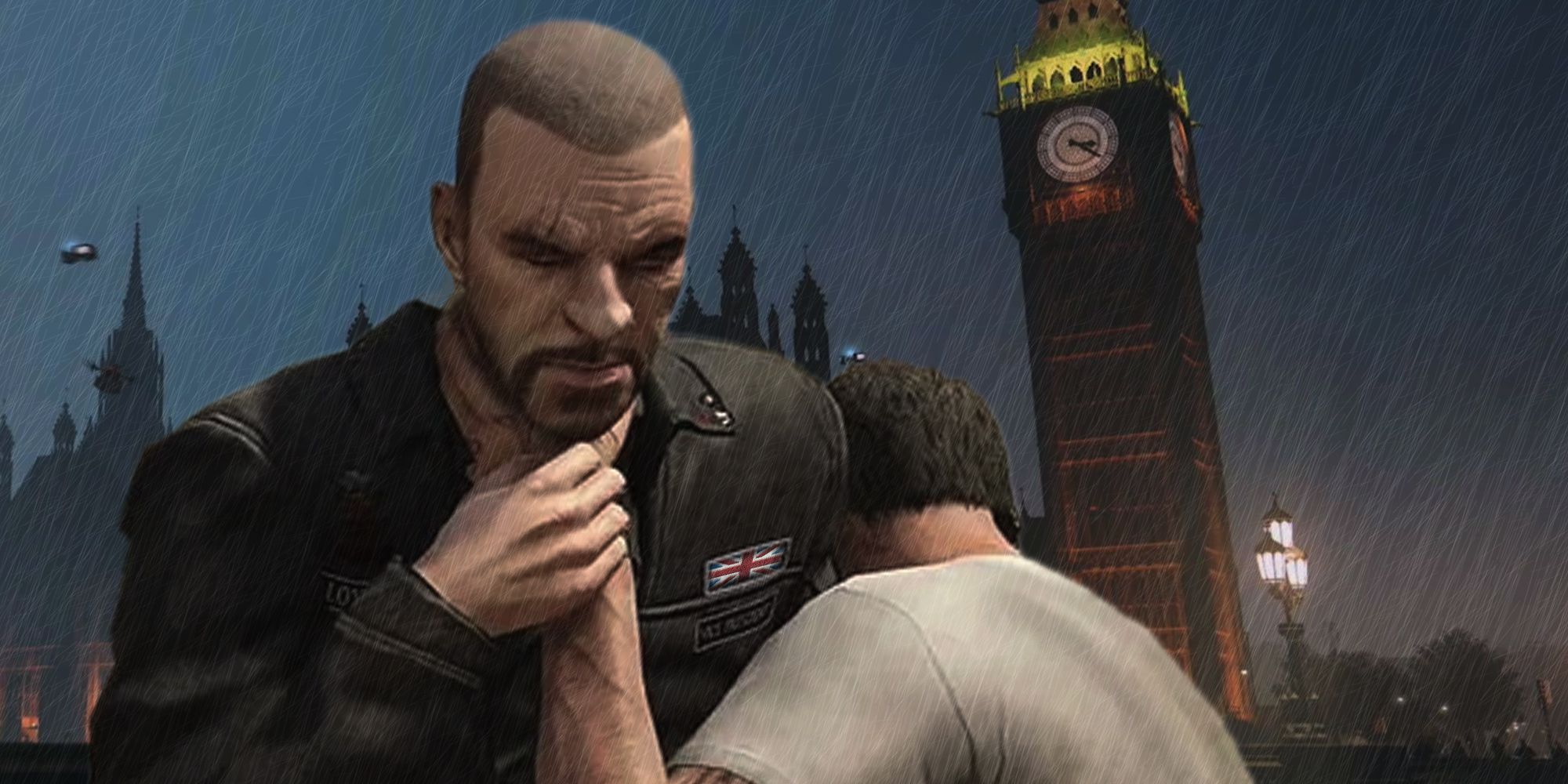Trevor from GTA attacking someone with London in the background