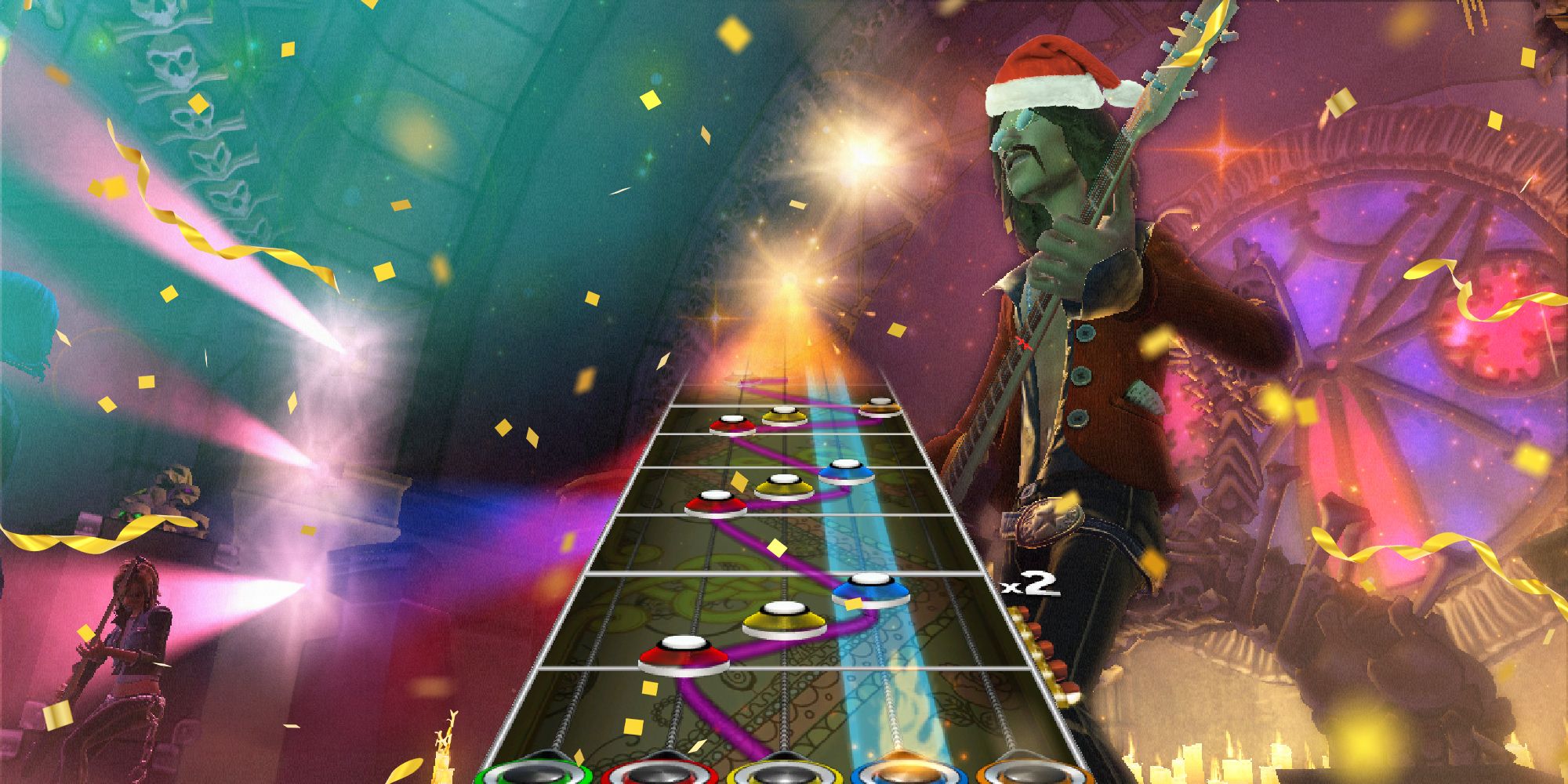 A screenshot from Guitar Hero World Tour with one of the characters wearing a Christmas hat