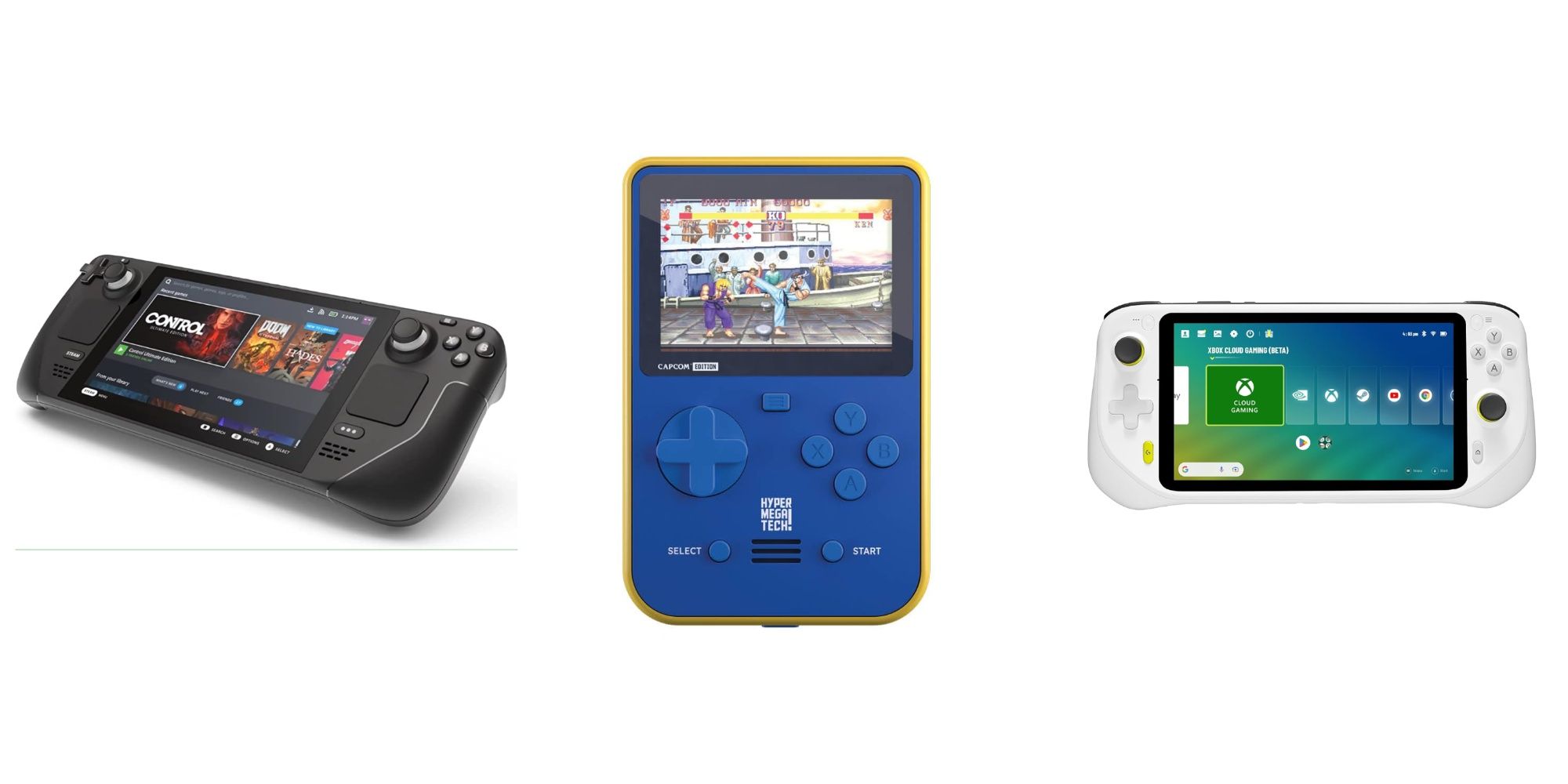 A triple image of three handheld consoles: A Steam Deck, a Super Pocket, and a Logitech G Cloud, from left to right respectively.