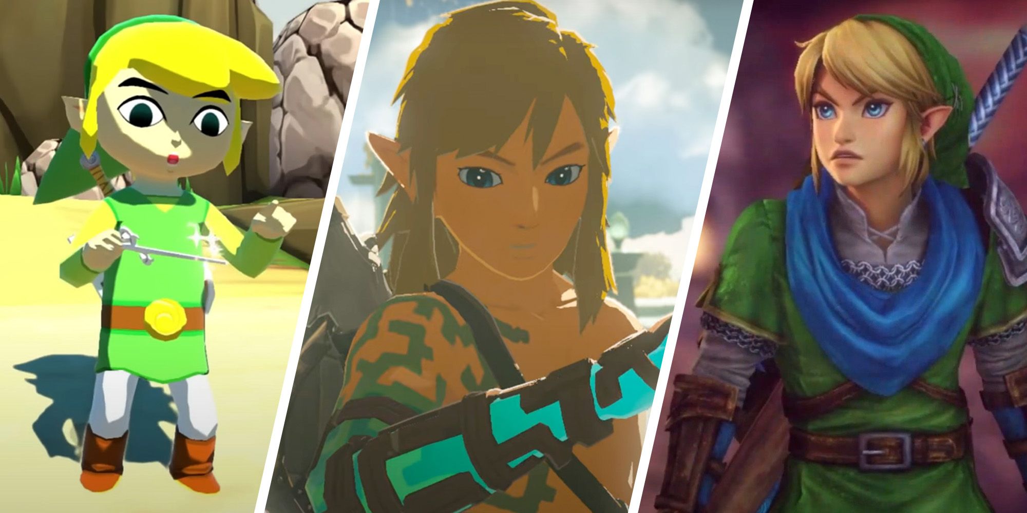 The Legend of Zelda - Split image of Tears of the Kingdom, Wind Waker, and Hyrule Warriors