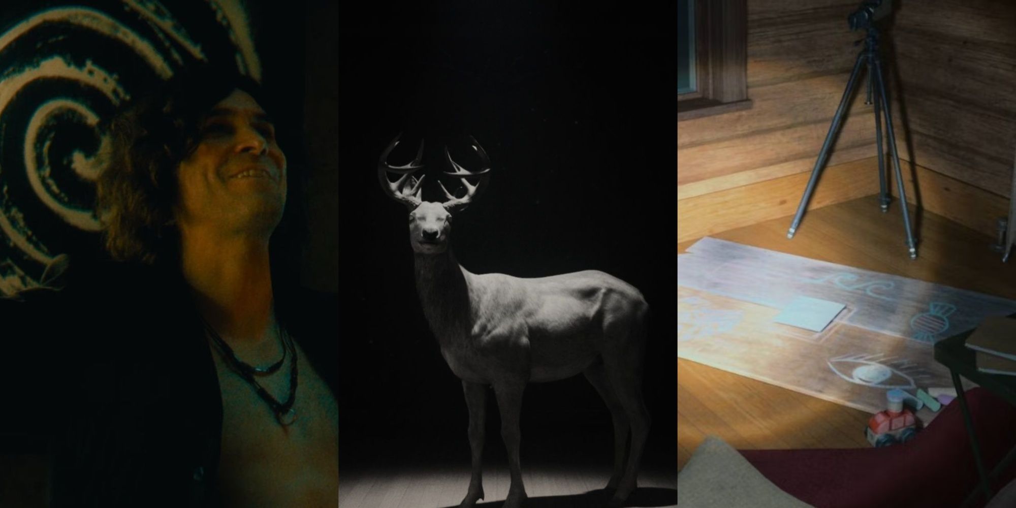 A collage showing Thomas Zane smiling, a deer in black and white, and a nursery rhyme on a cabin's floor.