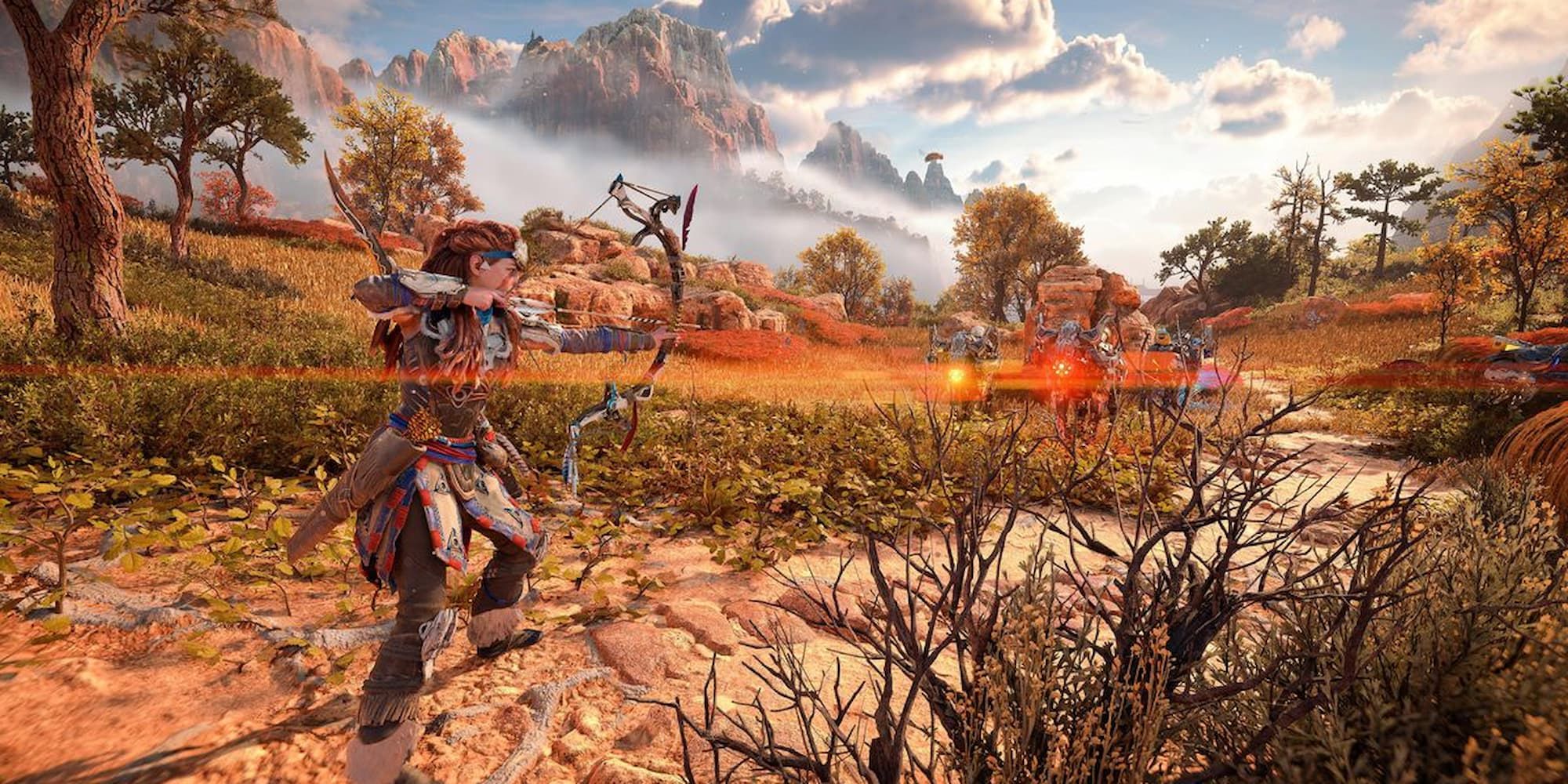 Aloy aims her bow at a mechanical creature in Horizon Forbidden West..