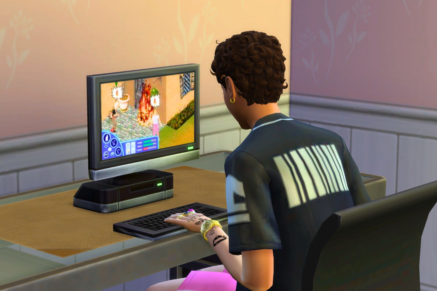 An androgynous Sim sits at a computer in a pink room. They are playing Sims Forever as one of their Sims tries to put out a fire.