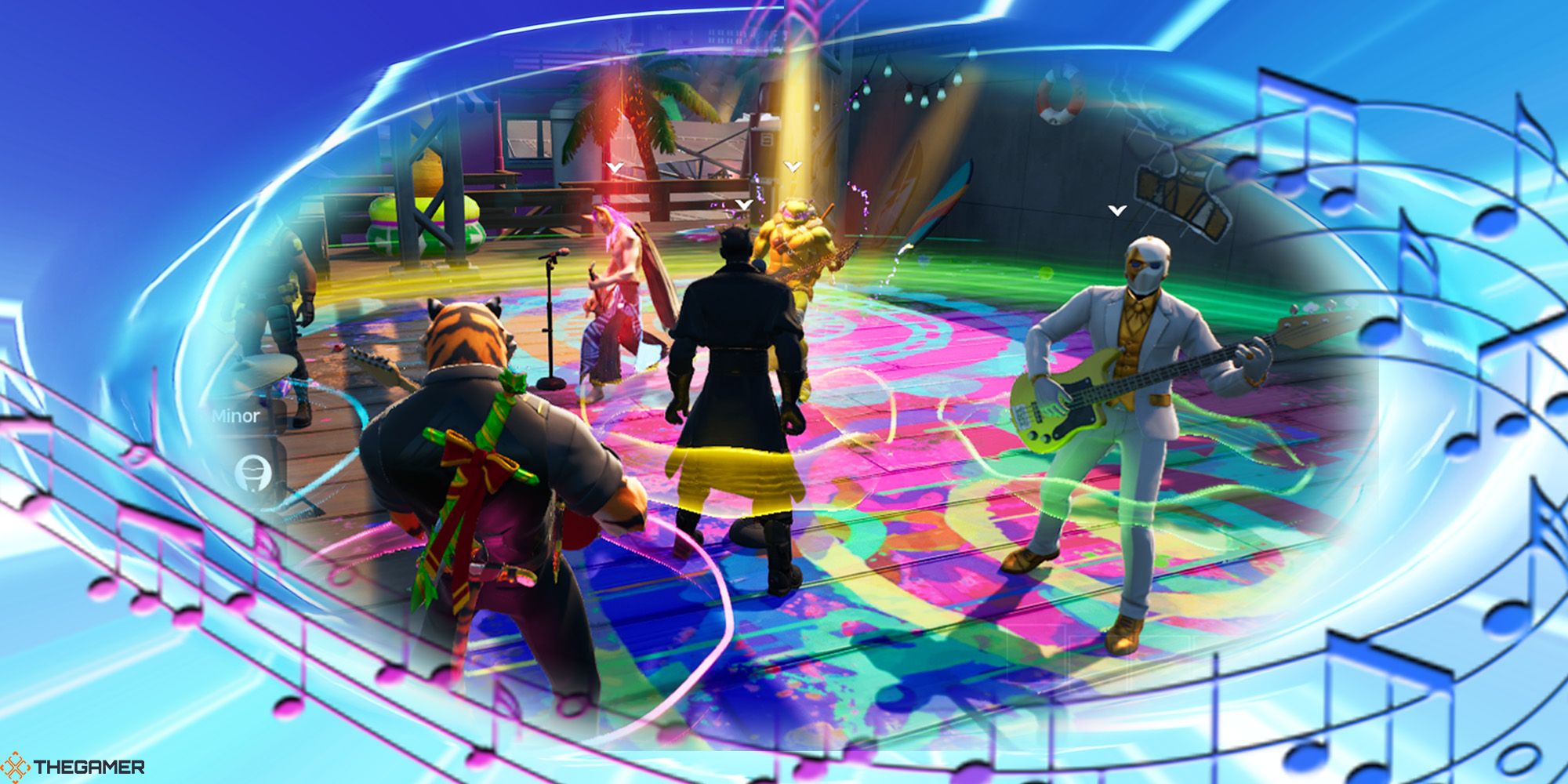 Oscar, Darth Maul, and others play music on a colorful stage in Fortnite Festival's Jam Stage mode. The screenshot is against a blue warped background with colorful music notes.