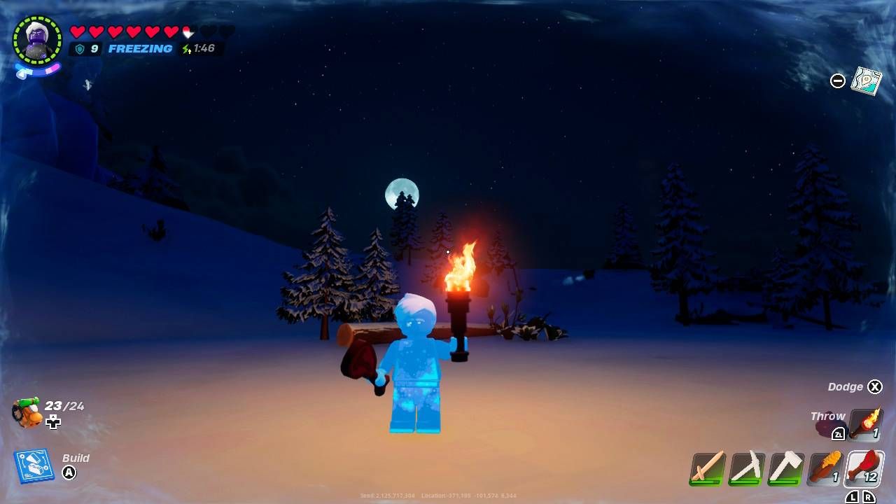 Ein Lego-Spieler wird blau hervorgehoben, um zu zeigen, dass ihm Kälte schadet.