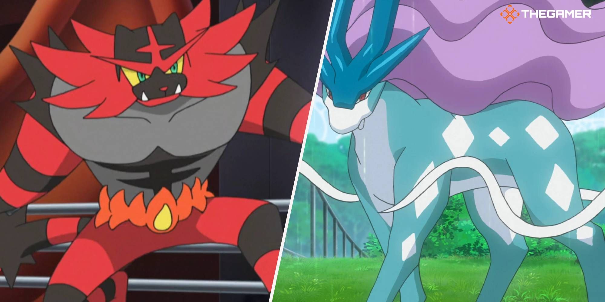 Incineroar and Suicune in the Pokemon anime