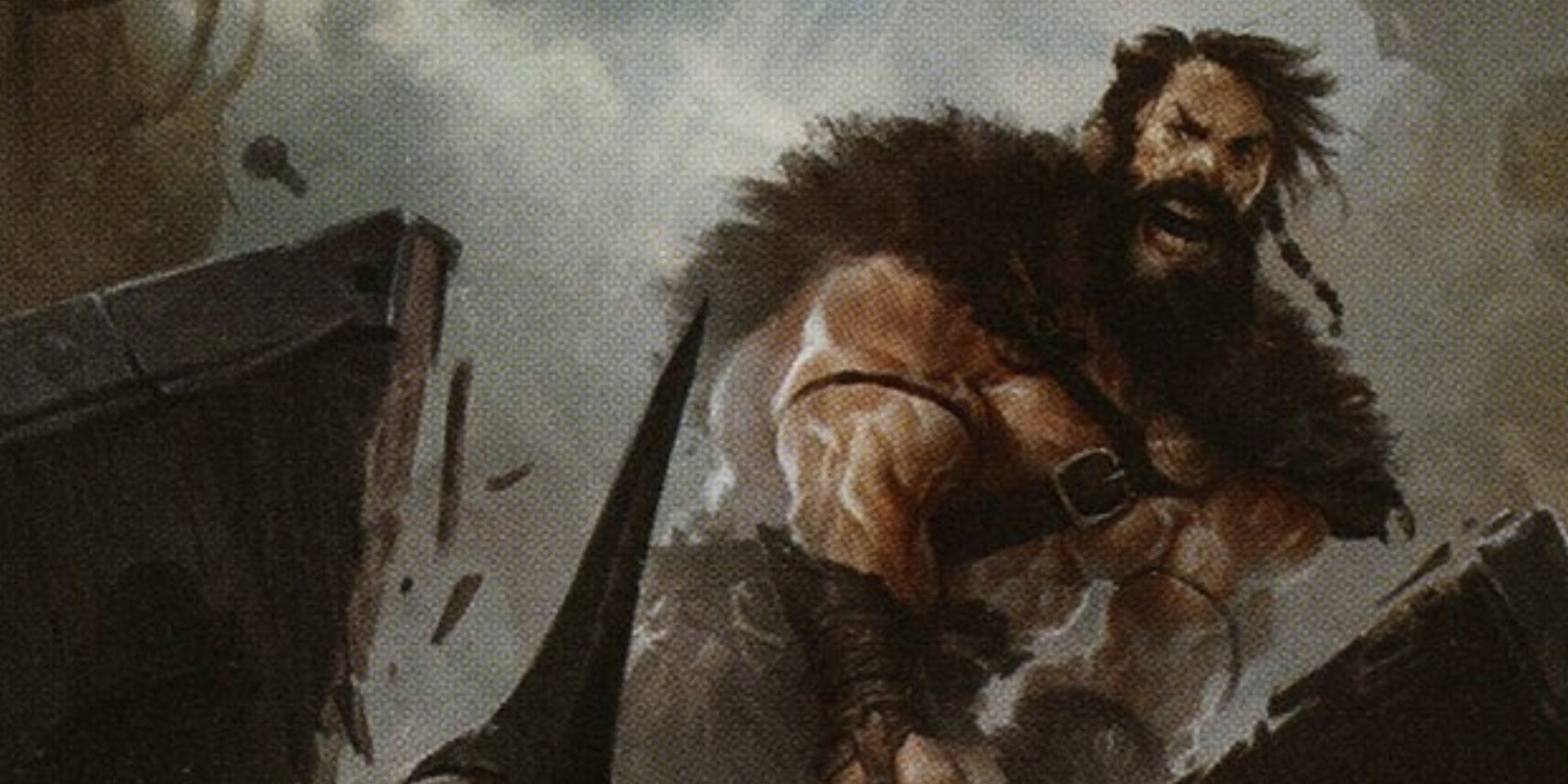 A large barbarian chopping wood with an axe