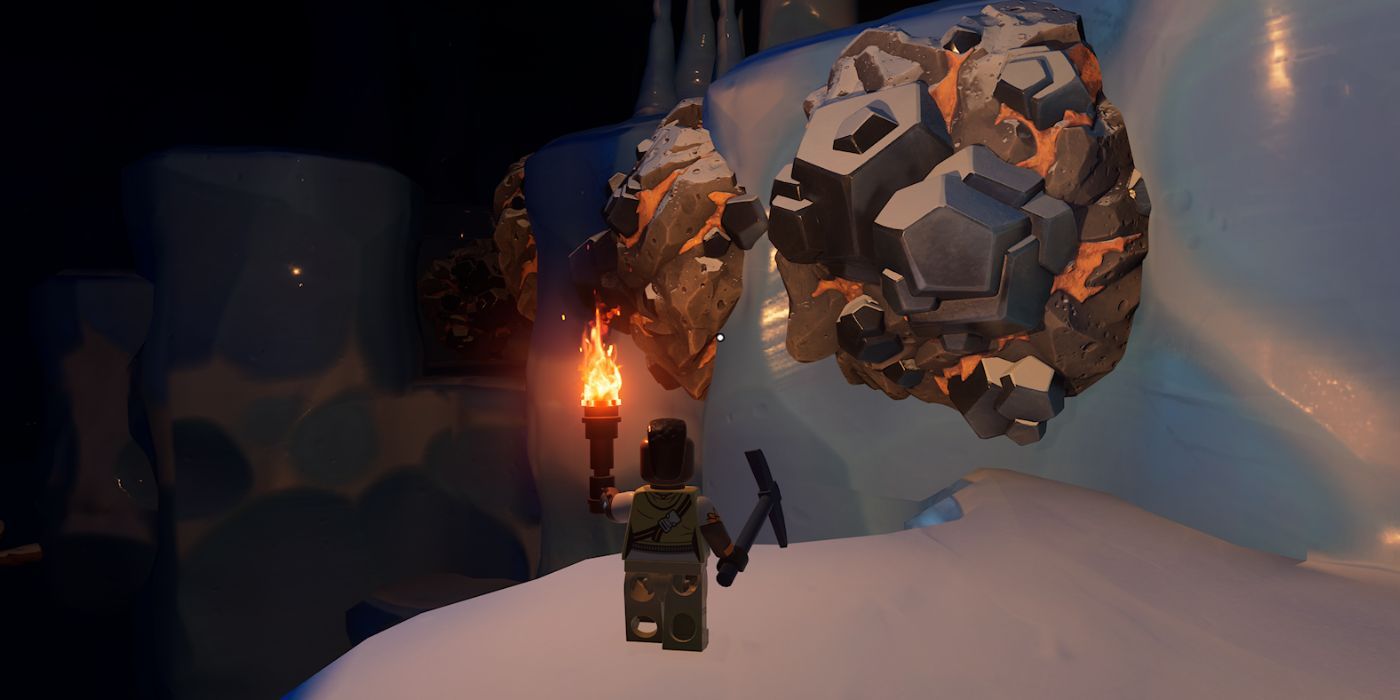 Giant clusters of iron along the walls of an ice cave, above a pit.